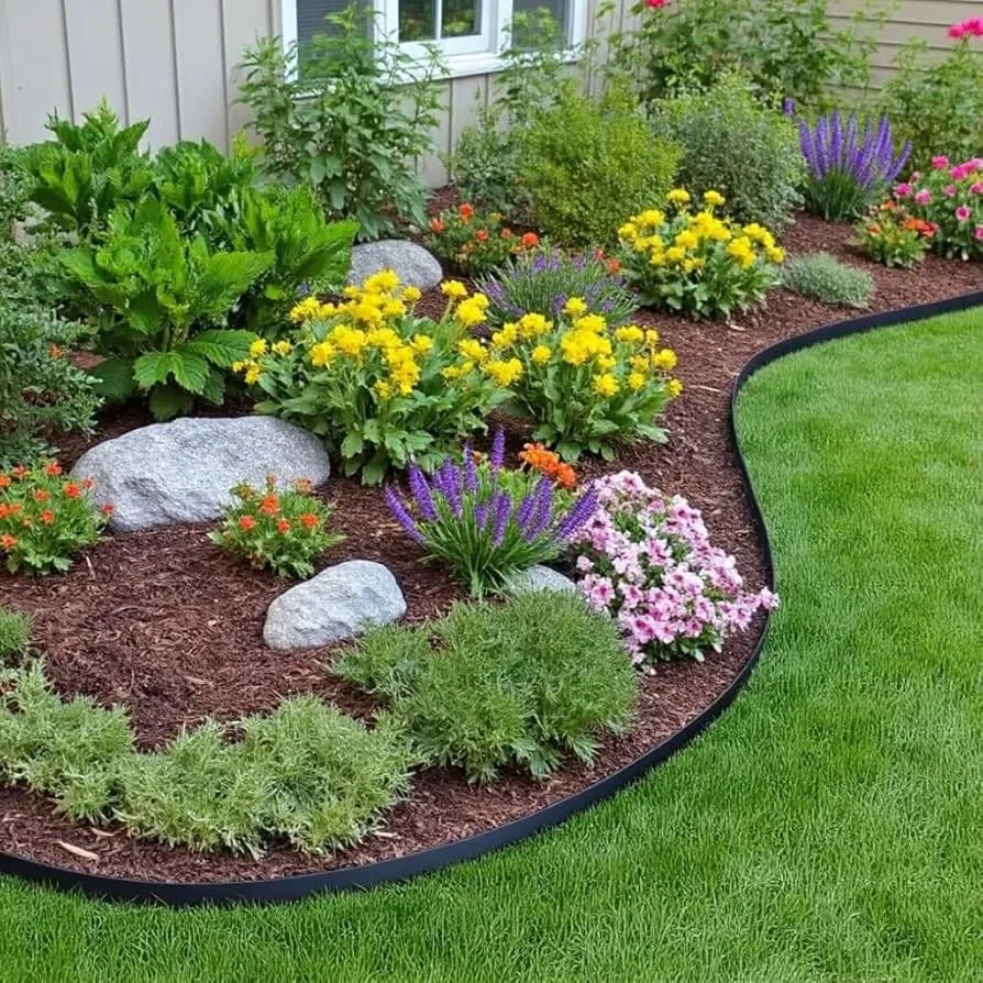 Curved mulched garden bed with flowers and shrubs beside a green lawn