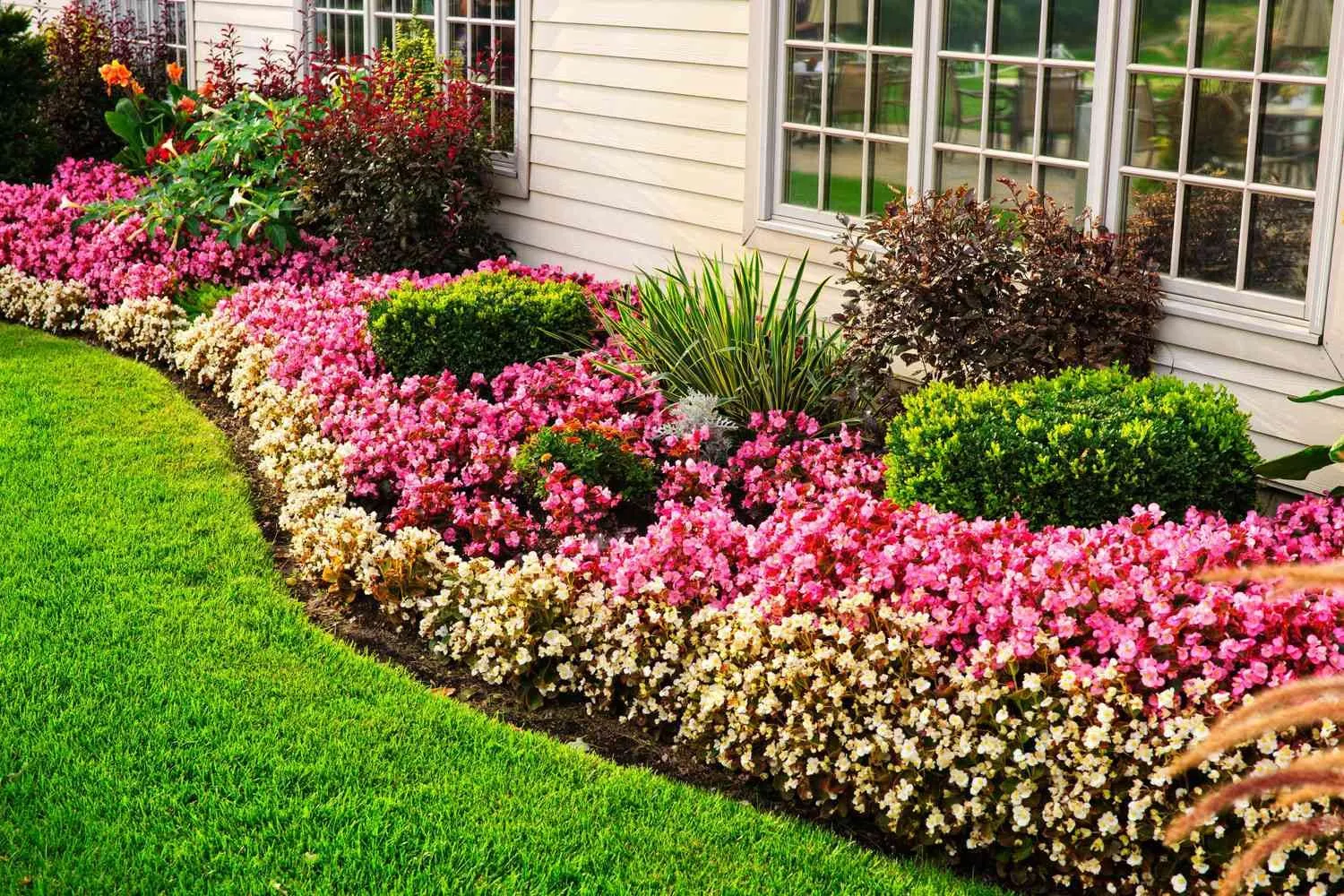 Curved flower border of pink and white blooms next to a trimmed lawn